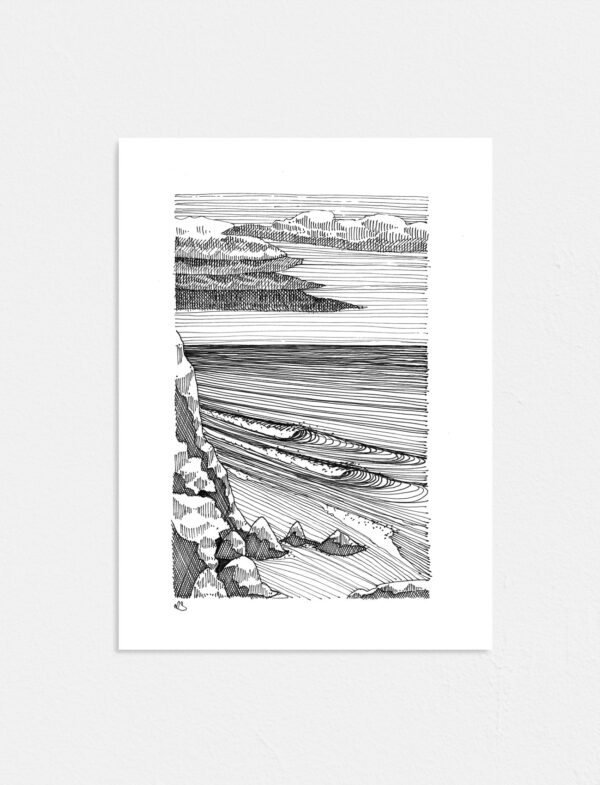 Artwork drawing sketch of Uluwatu in Bali surf break by Matt Sterne / Slide Effect